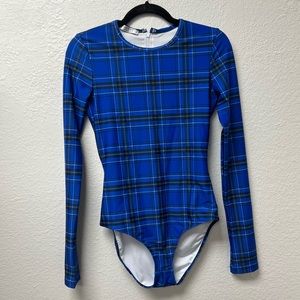 Cover Swim Long-Sleeved Blue Plaid One Piece Swimsuit Rashguard